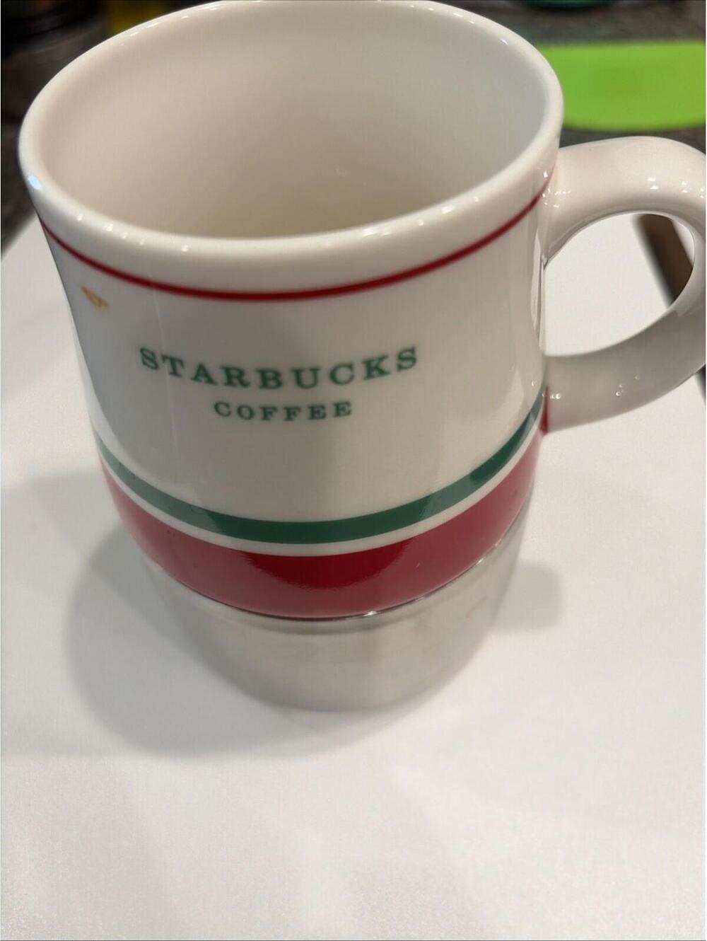 Starbucks 2006 Stainless NonSlip Ceramic Coffee Travel Mug Red Green Stripe 14oz